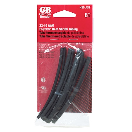 Gb Heat Shrink Tube, Thin Wall, 2:1 I.D. Shrink Ratio, 1/8 in, 3/16 in, 1/4 in, Black, 4 in HST-AST